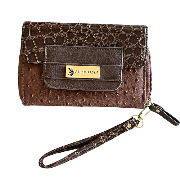 U.S. POLO ASSN Brown Gold Crocodile Embossed Wallet Snap Clutch Wristlet NWOT - Picture 1 of 8